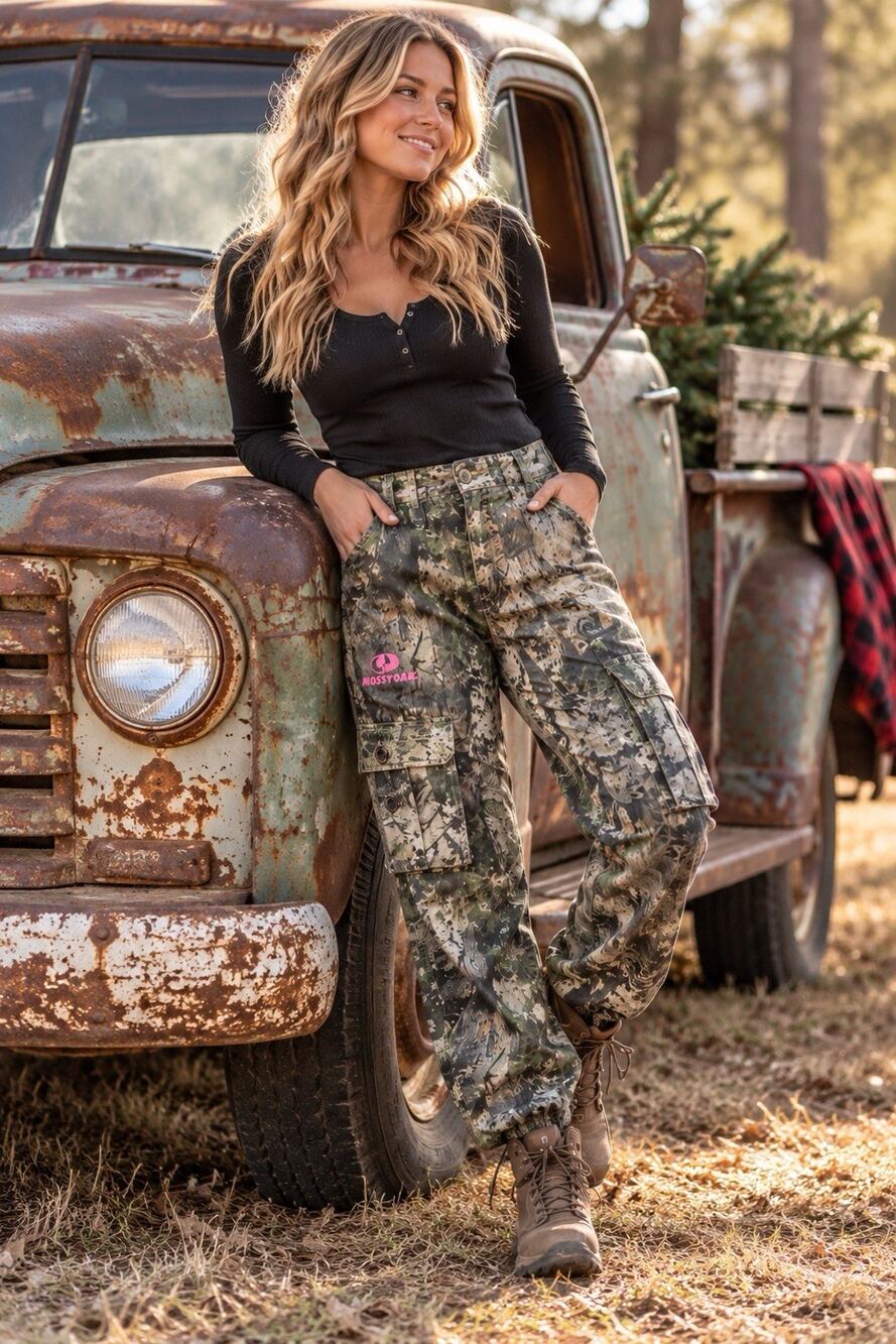Mossy Oak Womens M Camo Cargo Hunting Pants Pink Logo Drawstring Hem